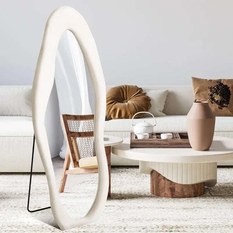 “Sculptural Reflections” – 63"x24" Irregular Full-Length Floor Mirror with Ivory Flannel Frame