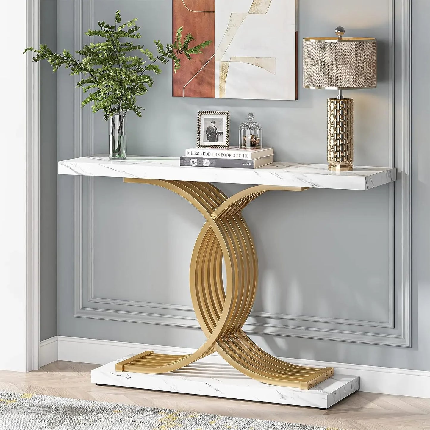 “Modern Arc” – Matte Gold-Tone & Faux Marble Geometric Console Table (39")