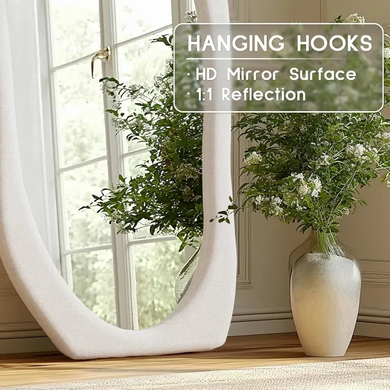 “Sculptural Reflections” – 63"x24" Irregular Full-Length Floor Mirror with Ivory Flannel Frame