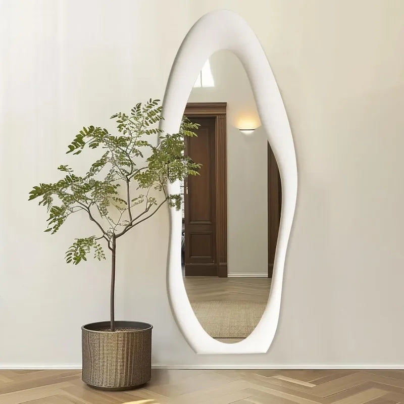 “Sculptural Reflections” – 63"x24" Irregular Full-Length Floor Mirror with Ivory Flannel Frame