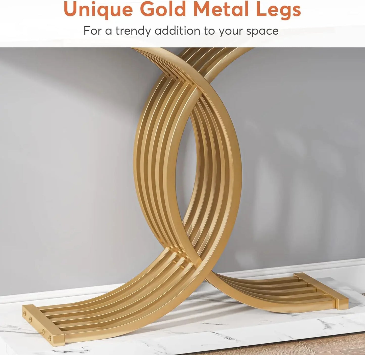 “Modern Arc” – Matte Gold-Tone & Faux Marble Geometric Console Table (39")