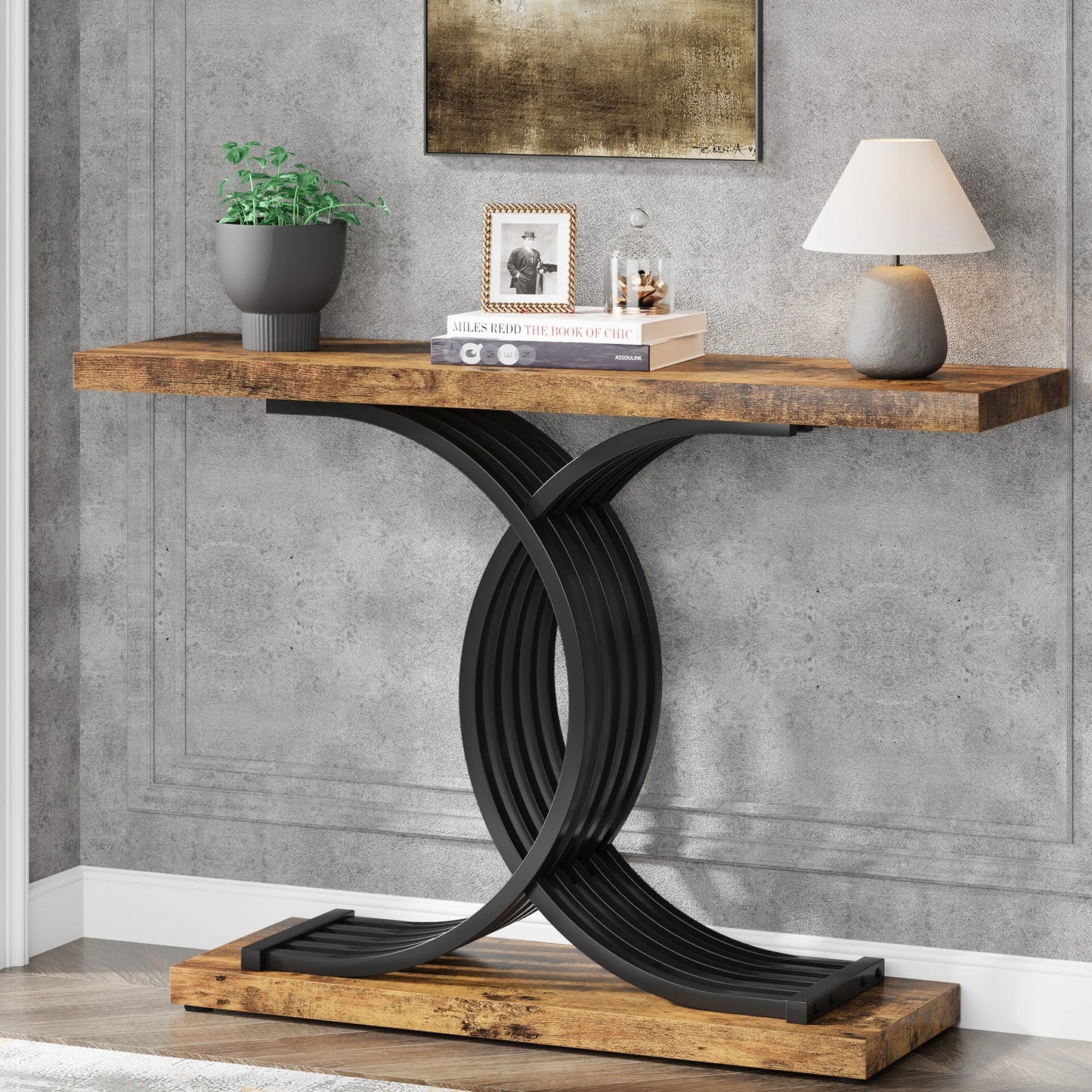 “Modern Arc” – Matte Gold-Tone & Faux Marble Geometric Console Table (39")