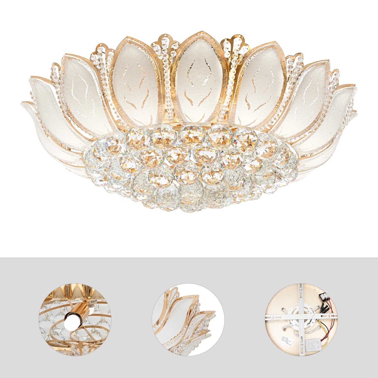 “Golden Lotus Bloom” Crystal Chandelier – 7-Head Modern Flush Mount with Remote Control