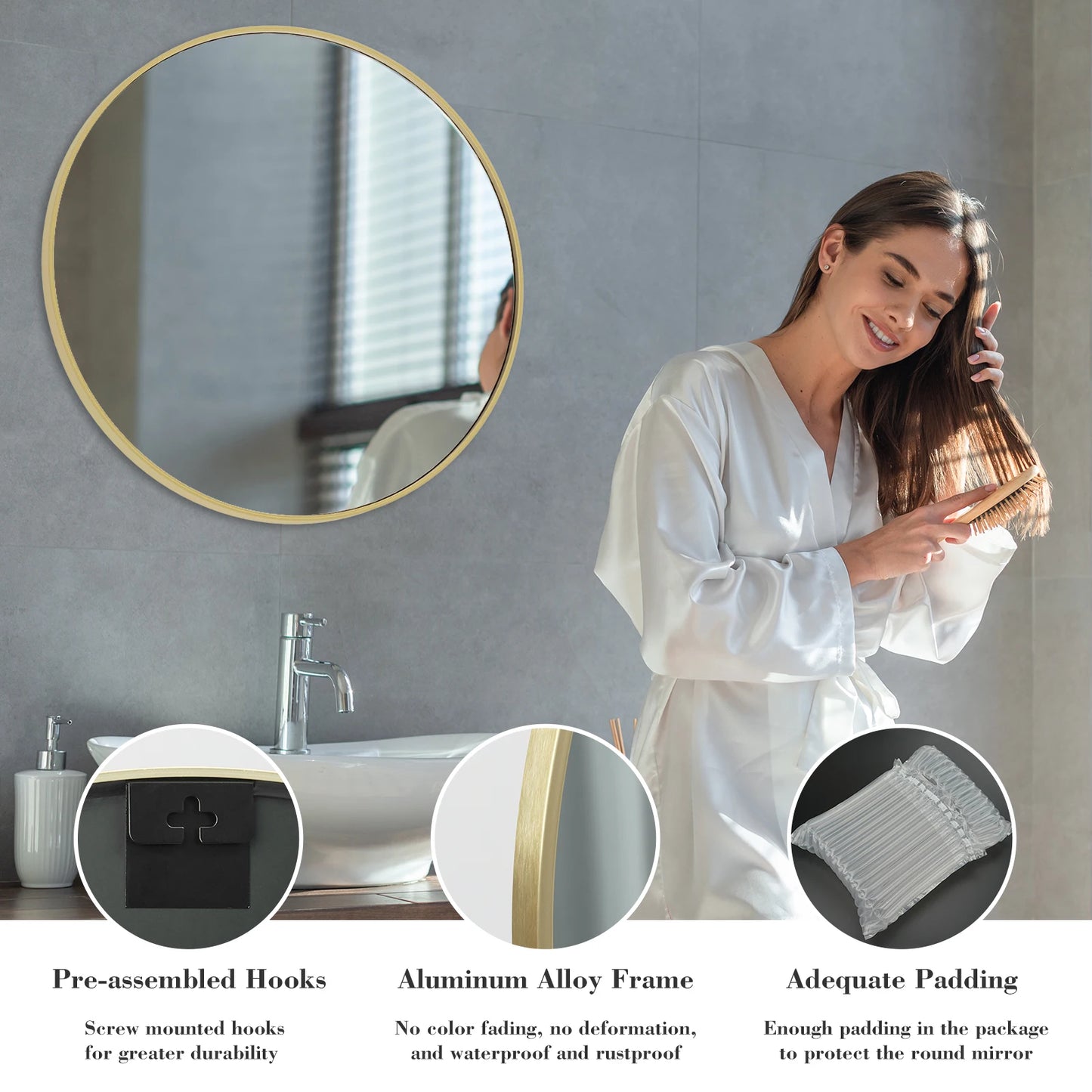 “Reflections of Calm” – Large Round Framed Wall Mirror in Brushed Gold or Matte Black