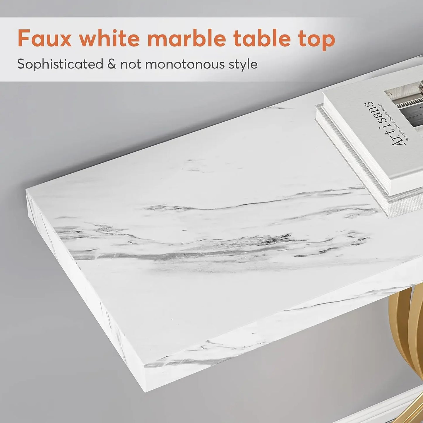 “Modern Arc” – Matte Gold-Tone & Faux Marble Geometric Console Table (39")