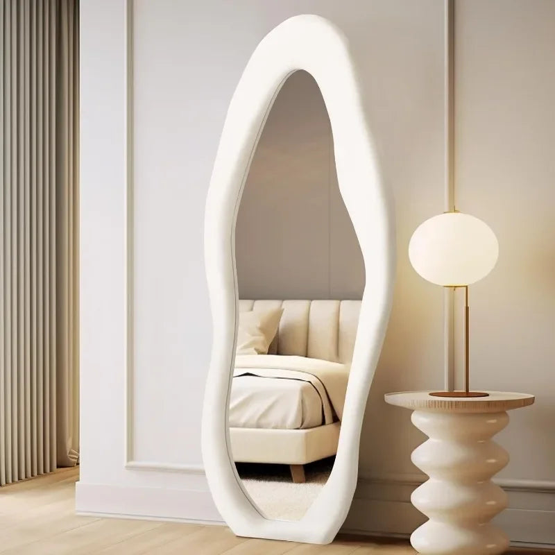 “Sculptural Reflections” – 63"x24" Irregular Full-Length Floor Mirror with Ivory Flannel Frame
