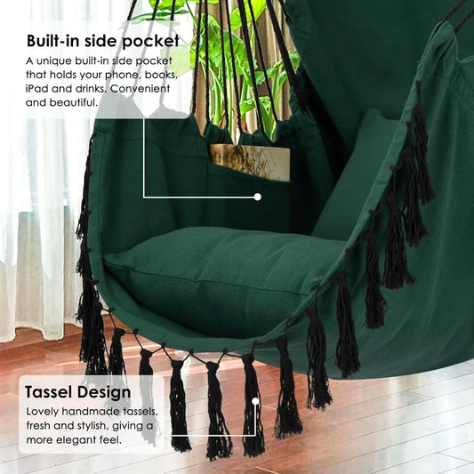 “Tassels & Tranquility” – Hanging Hammock Chair with Pocket & Luxe Tassel Fringe