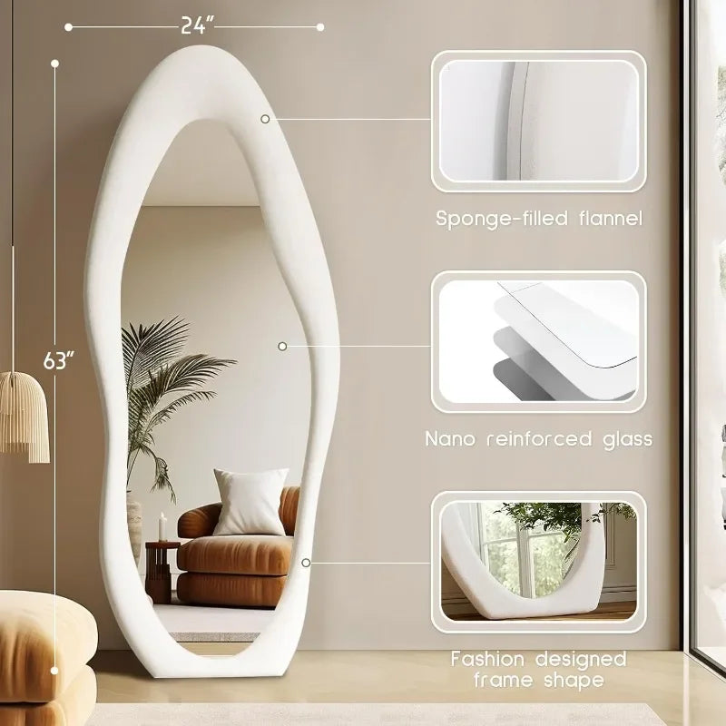 “Sculptural Reflections” – 63"x24" Irregular Full-Length Floor Mirror with Ivory Flannel Frame