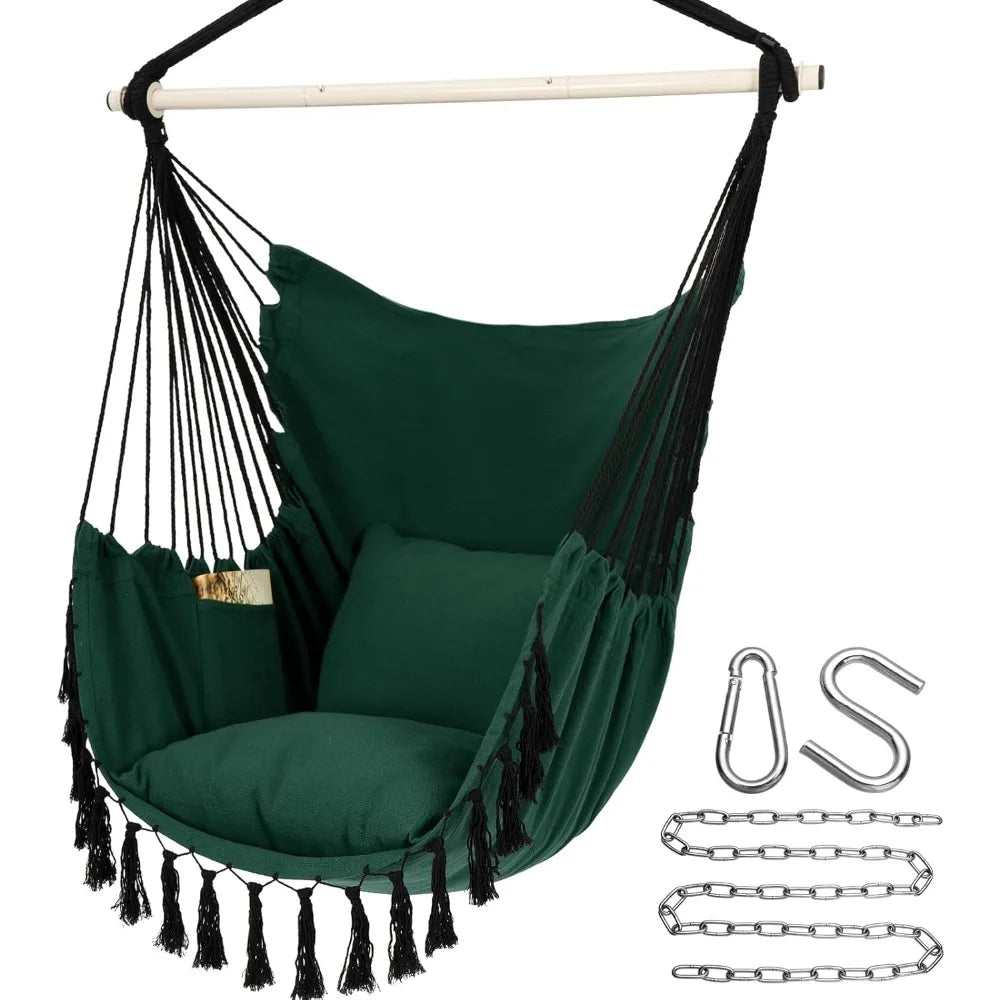 “Tassels & Tranquility” – Hanging Hammock Chair with Pocket & Luxe Tassel Fringe