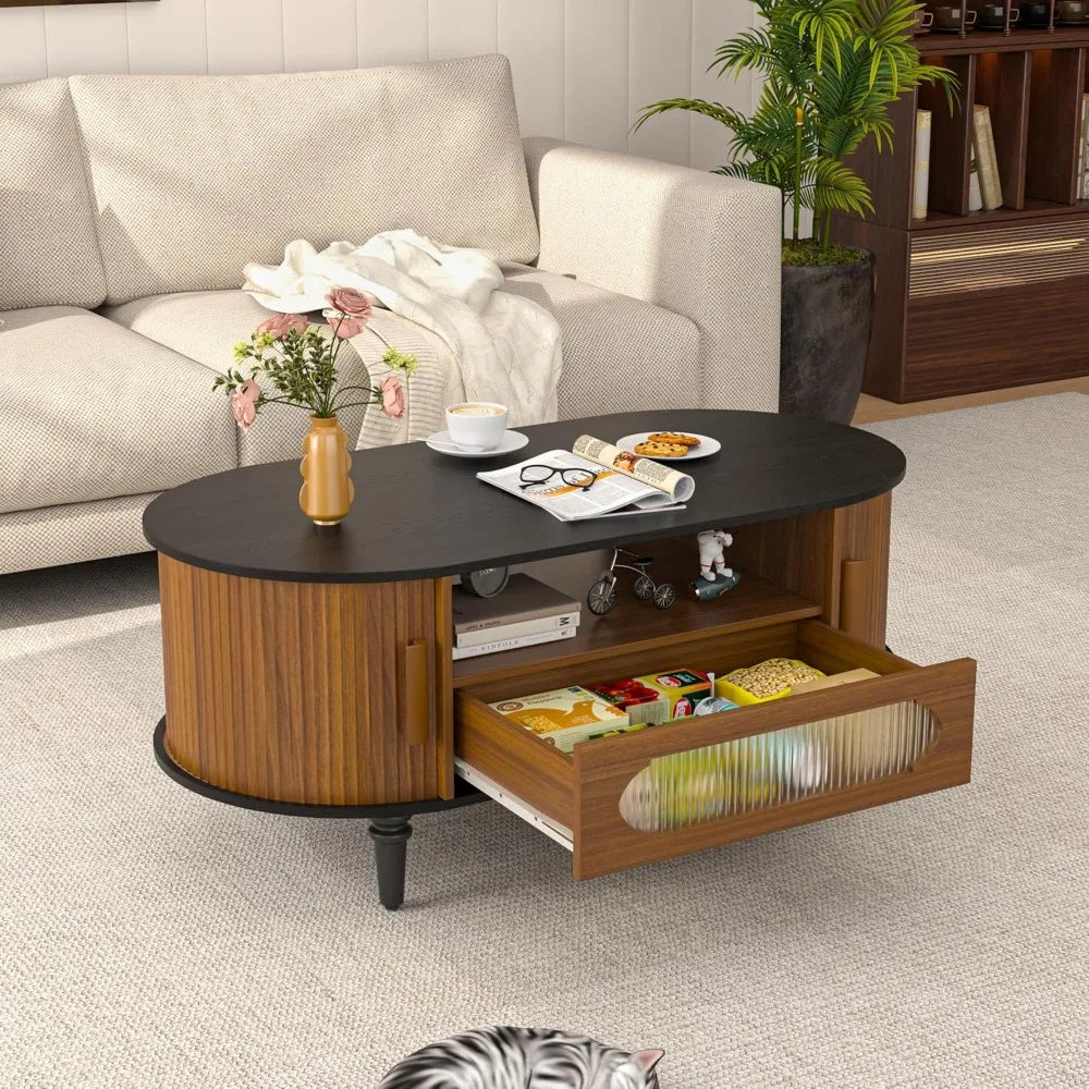 “Curves & Character” – Oval Fluted Coffee Table with Drawer  Sliding Door Storage