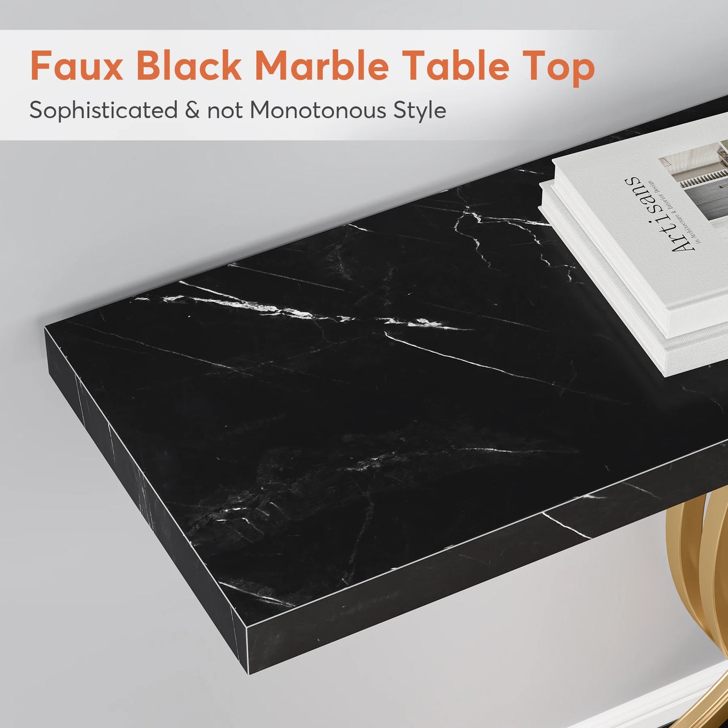 “Modern Arc” – Matte Gold-Tone & Faux Marble Geometric Console Table (39")