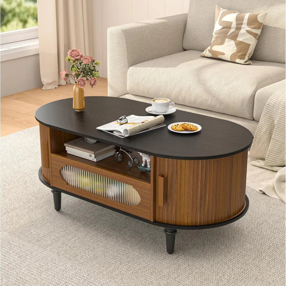 “Curves & Character” – Oval Fluted Coffee Table with Drawer  Sliding Door Storage