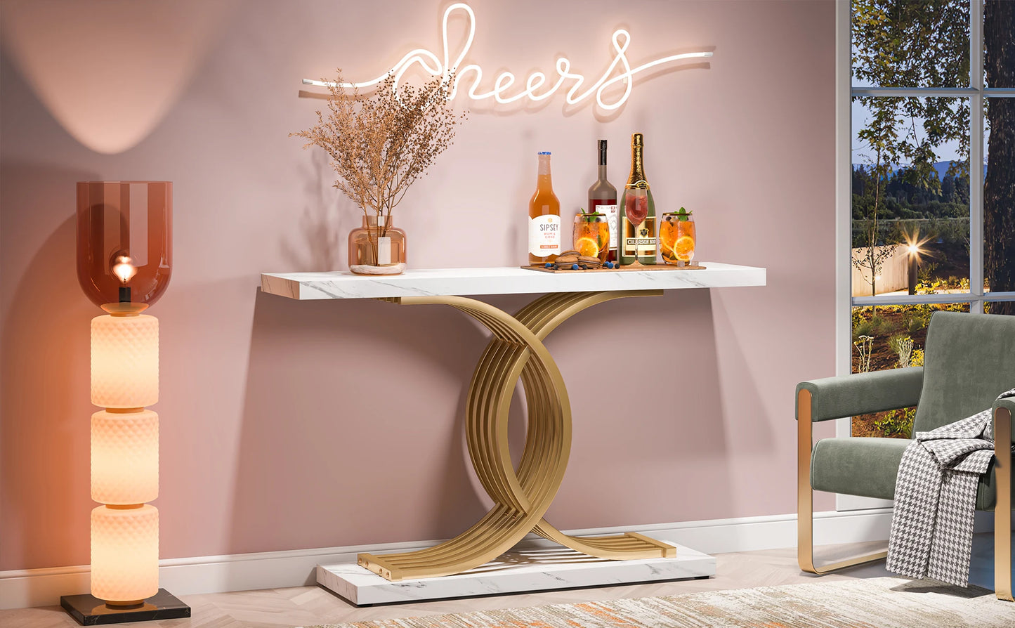 “Modern Arc” – Matte Gold-Tone & Faux Marble Geometric Console Table (39")