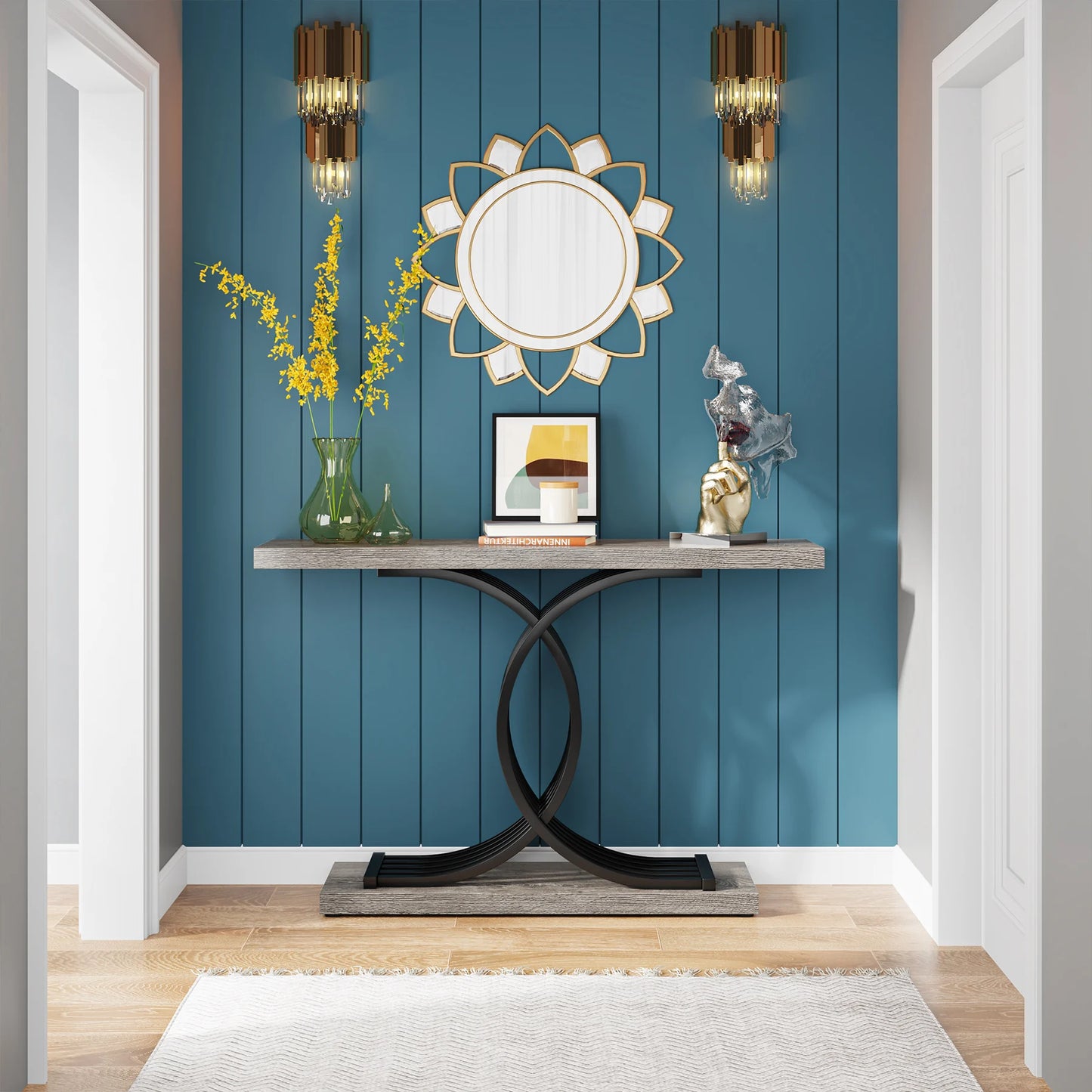 “Modern Arc” – Matte Gold-Tone & Faux Marble Geometric Console Table (39")