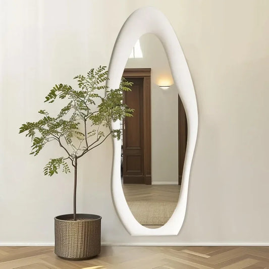 “Sculptural Reflections” – 63"x24" Irregular Full-Length Floor Mirror with Ivory Flannel Frame