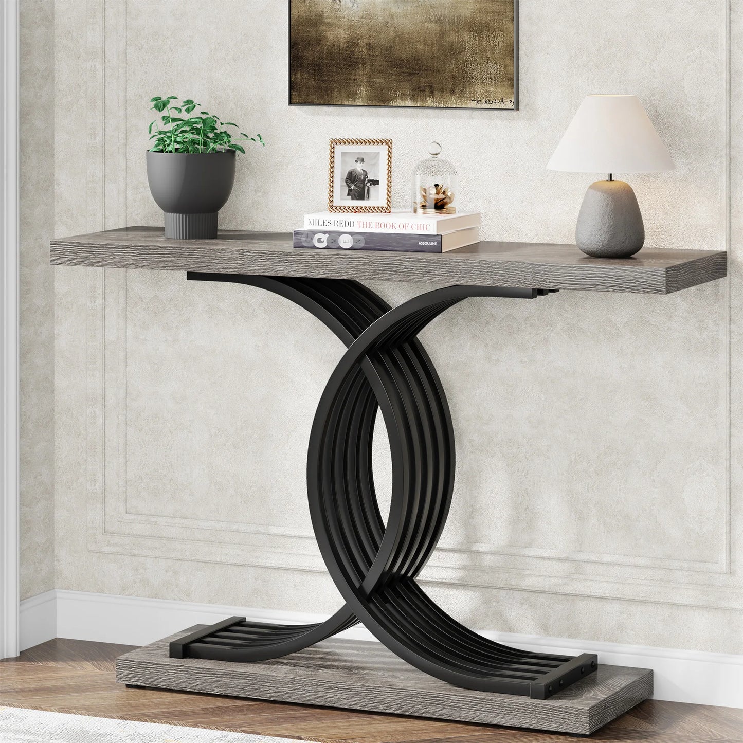“Modern Arc” – Matte Gold-Tone & Faux Marble Geometric Console Table (39")