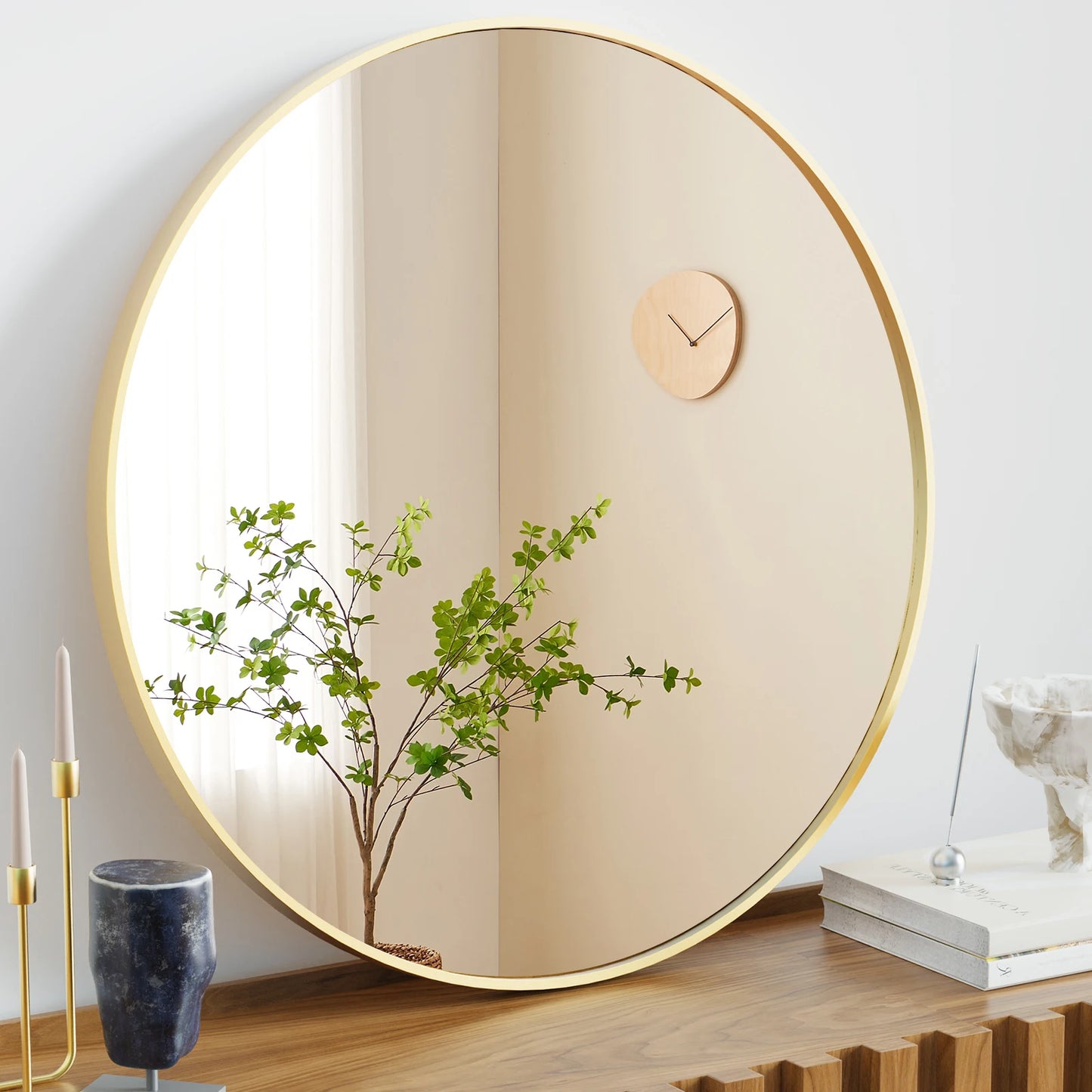 “Reflections of Calm” – Large Round Framed Wall Mirror in Brushed Gold or Matte Black