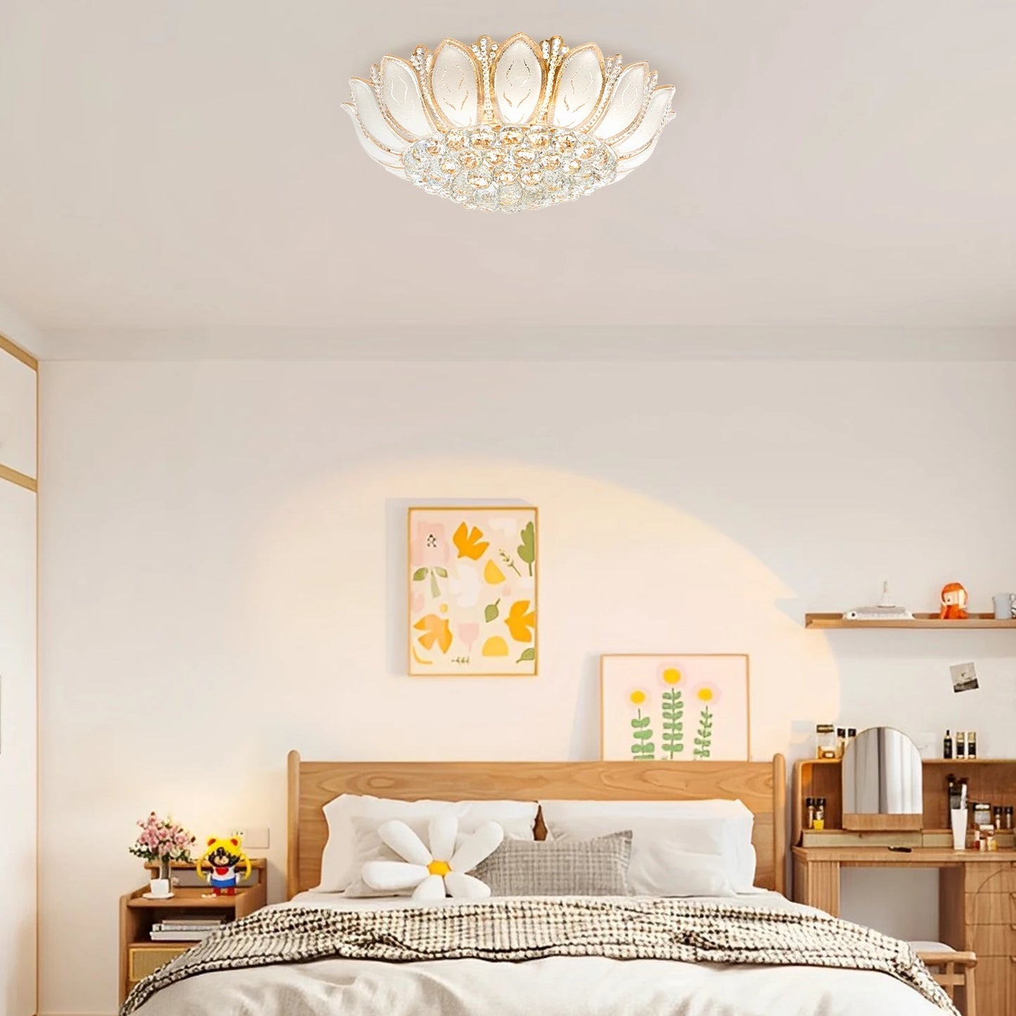 “Golden Lotus Bloom” Crystal Chandelier – 7-Head Modern Flush Mount with Remote Control