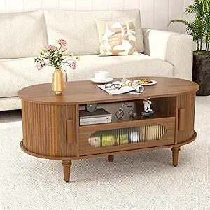“Curves & Character” – Oval Fluted Coffee Table with Drawer  Sliding Door Storage