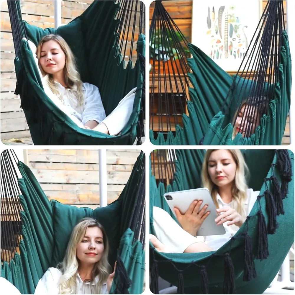 “Tassels & Tranquility” – Hanging Hammock Chair with Pocket & Luxe Tassel Fringe
