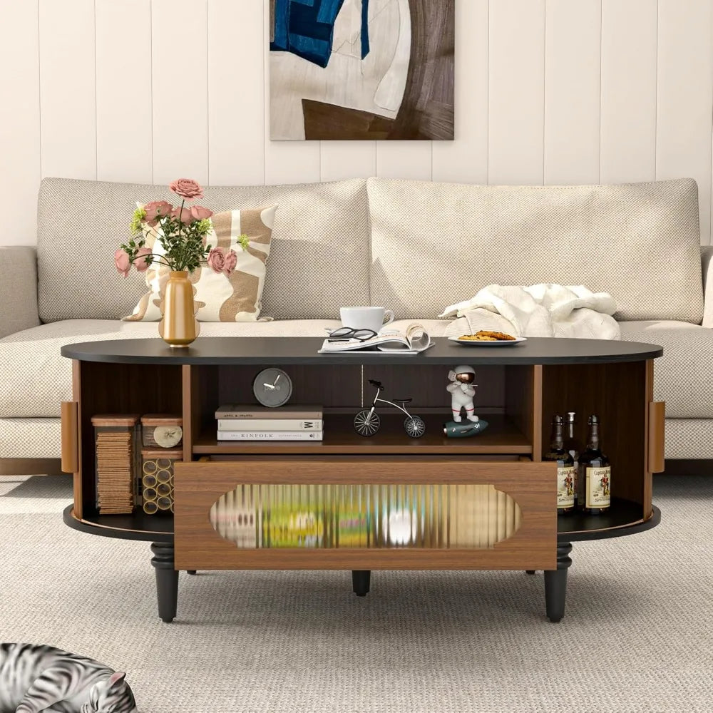 “Curves & Character” – Oval Fluted Coffee Table with Drawer  Sliding Door Storage
