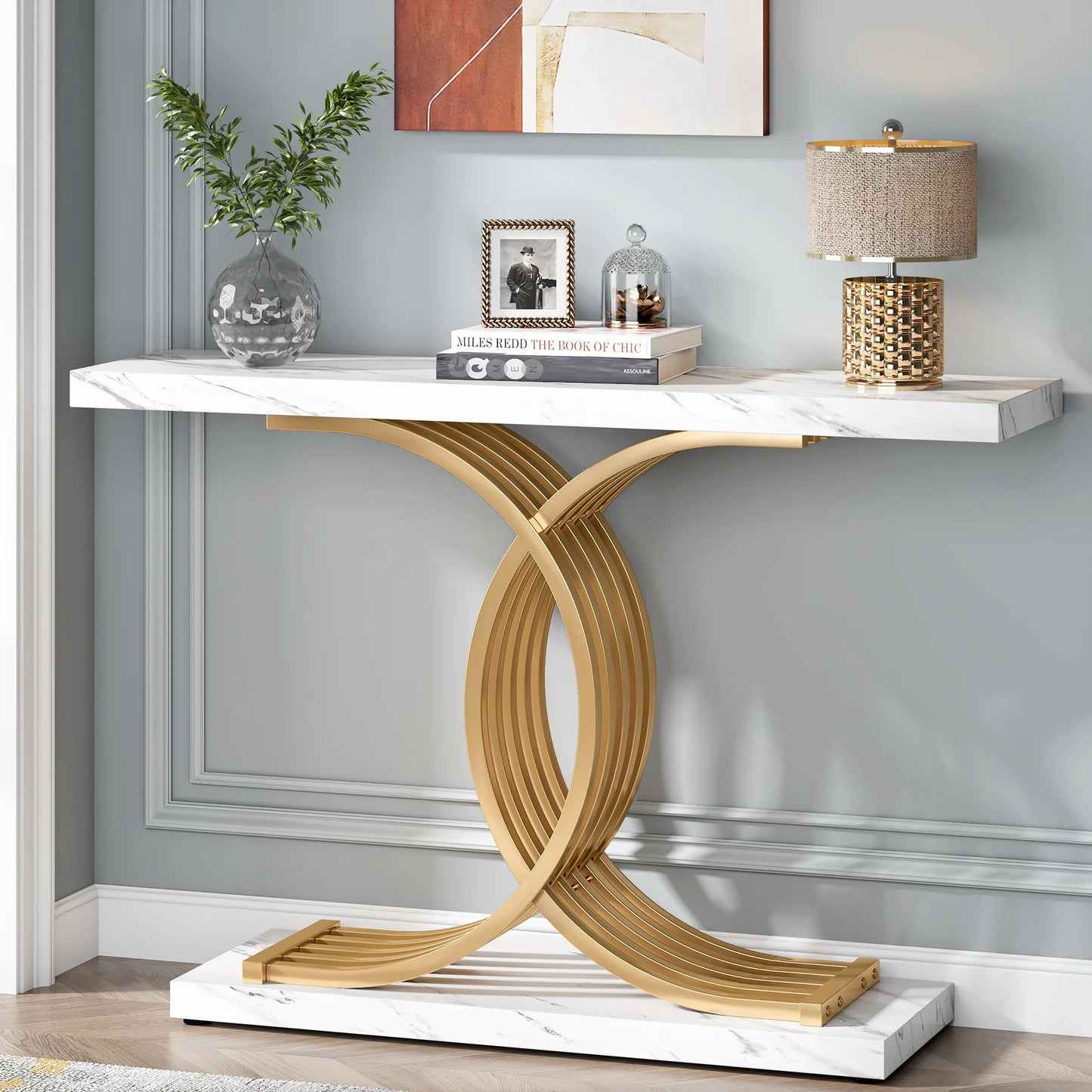 “Modern Arc” – Matte Gold-Tone & Faux Marble Geometric Console Table (39")