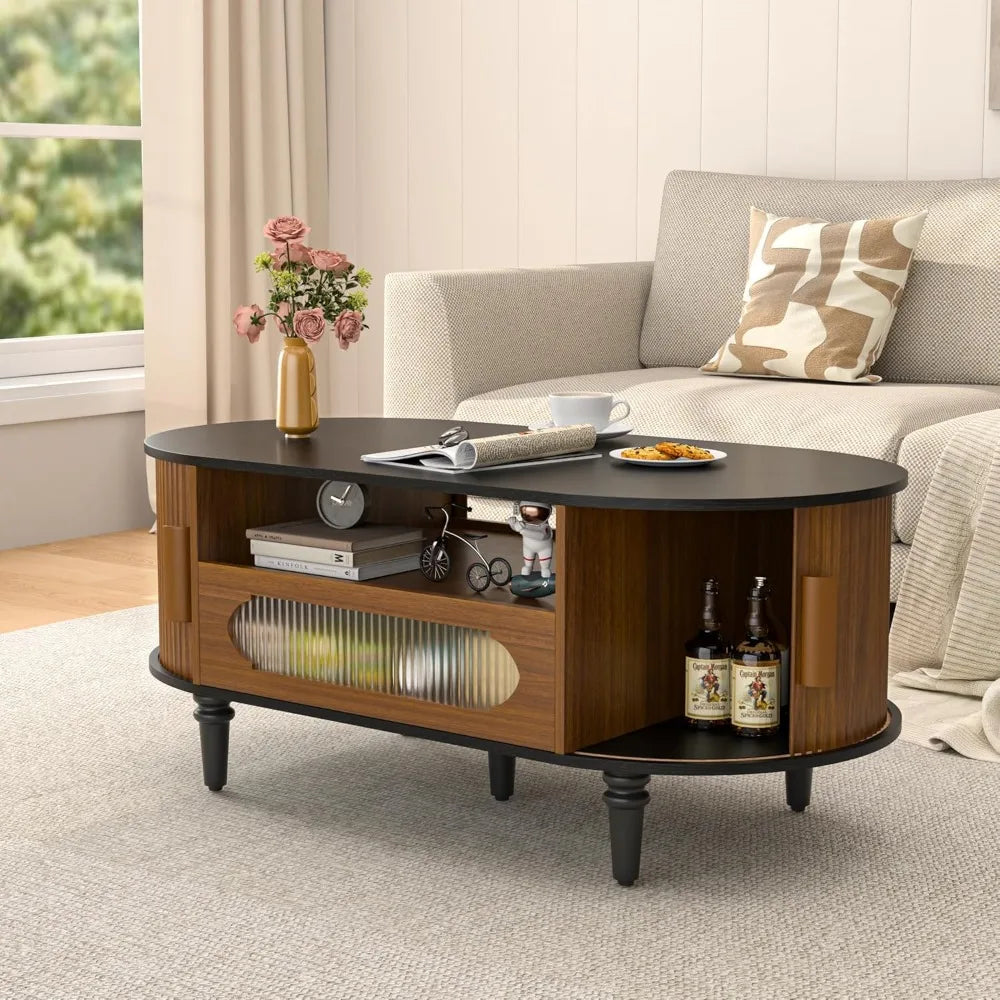 “Curves & Character” – Oval Fluted Coffee Table with Drawer  Sliding Door Storage