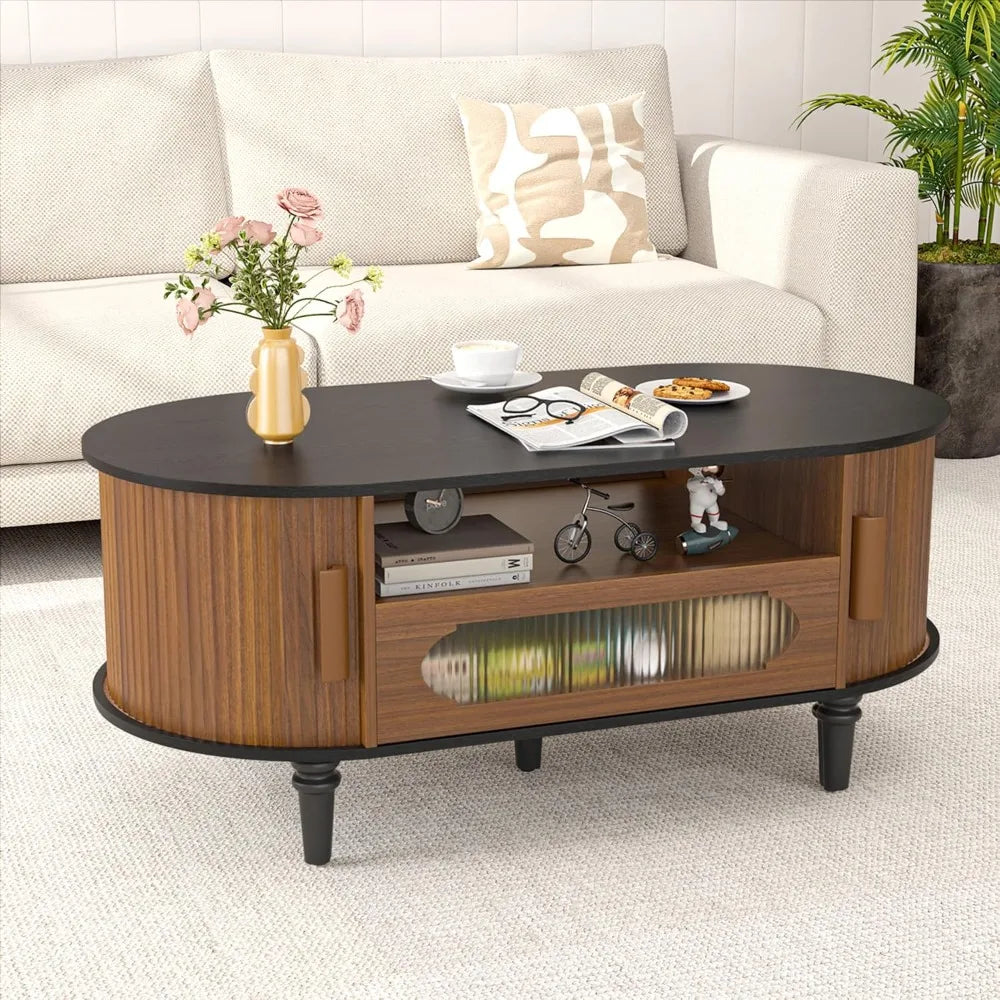 “Curves & Character” – Oval Fluted Coffee Table with Drawer  Sliding Door Storage