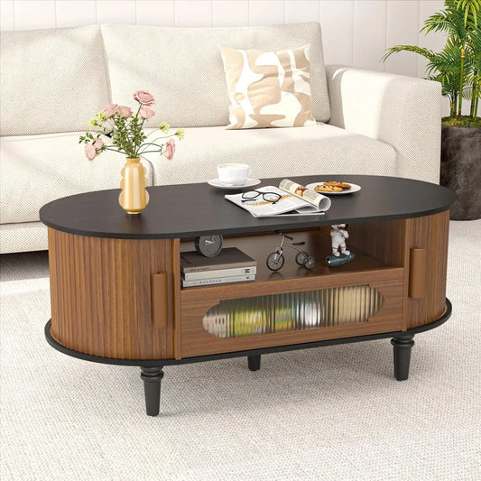 “Curves & Character” – Oval Fluted Coffee Table with Drawer  Sliding Door Storage